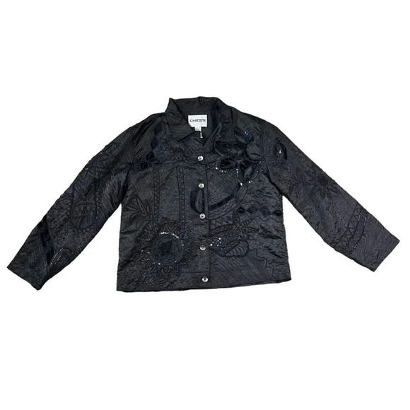 Chicos Black Lace Embroidered Jacket Button Down Shirt Sequin Floral Size 1 US M - Picture 2 of 9